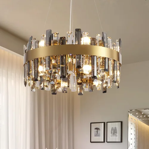 Vista 11 de Siljoy - Candelabro de cristal moderno, 12 luces, lujoso, redondo, de 2 niveles, con cristal K9 en forma de gota de lluvia, lámpara colgante de Oro
