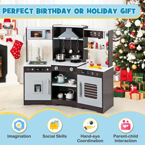 Vista 9 de Costzon Juego de cocina esquinera para niños, juego de cocina de juguete de madera con campana extractora de luces y sonidos, máquina de hielo