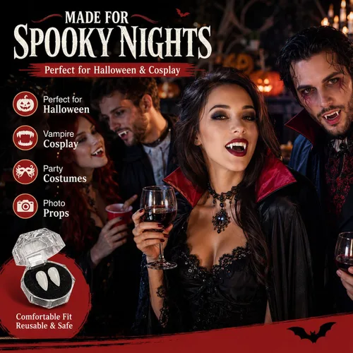 Vista 7 de COOLJOY 3 tamaños de dientes de vampiro con colmillos adhesivos para cosplay de Halloween, dientes falsos blancos de terror, accesorios