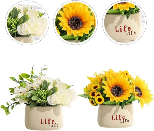 Vista 4 de HOMSFOU Planta simulada de girasol en maceta, 2 piezas, decoración de bonsái artificial para interiores para sala de estar, centro de mesa