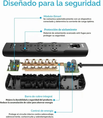 Vista 4 de Huntkey - Regleta protectora de sobretensiones (3480J), 12 salidas con 2 USB A y USB C de 20 W, carga rápida, enchufe plano de 6 pies, cable de Negro