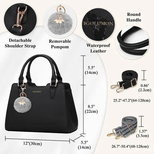 Vista 5 de IGOLUMON Bolso de mujer con asa superior de cuero vegano sintético Satchel Monedero para mujer Bolso de mano de diseñador con lindo pompón