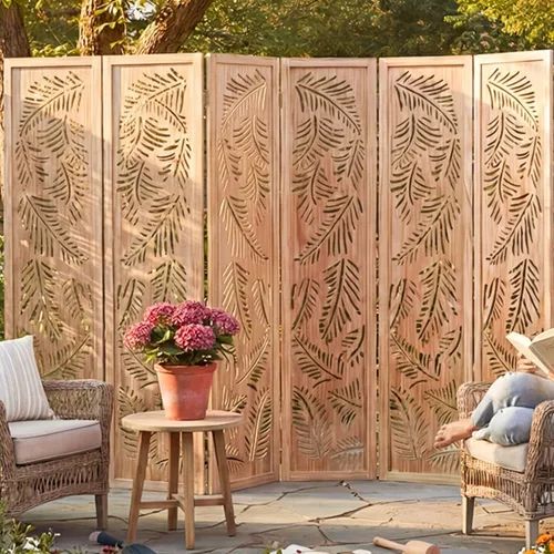 Vista 11 de JOSTYLE Divisor de habitación bohemio con tallado de plumas, pantalla de madera calada de 4 paneles, división plegable decorativa para dormitorio
