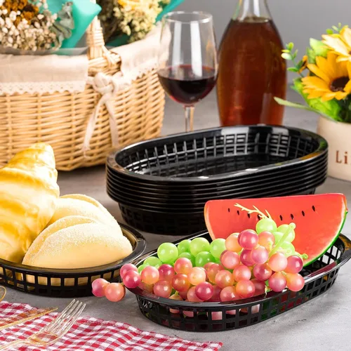 Vista 7 de Potchen 60 cestas de comida rápida para servir 10.5 x 7 pulgadas, cesta de plástico ovalada retro, bandeja de servicio de alimentos para Negro