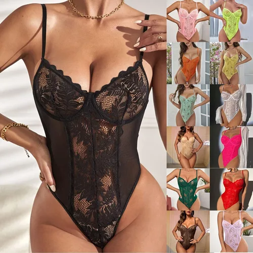 Vista 2 de Lencería de encaje para mujer para sexo travieso sexy cuello en V transparente, camisón de malla transparente mini babydoll vestido