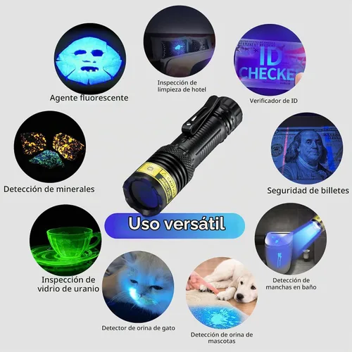 Vista 9 de Linterna UV USB-C recargable 365nm, mini linterna de luz negra UV B72-365 (azulado)