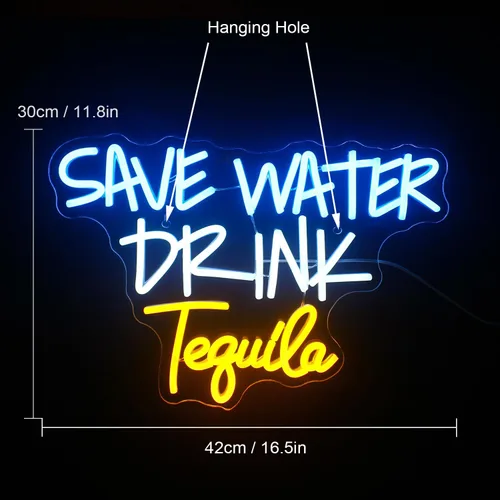 Vista 2 de Letrero de Neón "Save Water Drink Tequila" Luces LED de Neón para Decoración de Pared Luces USB Iluminadas para Casa, Bar de Cerveza, Dormitorio