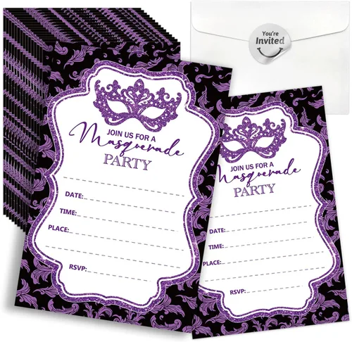 Vista 6 de Invitaciones para fiesta de máscaras, invitaciones de fiesta de Mardi Gras, 15 tarjetas y sobres, diseño floral moderno, unisex, adultos, ocasión