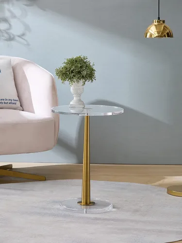 Vista 6 de Mesa de acrílico transparente con poste de metal de cono (pequeña, oro cepillado)