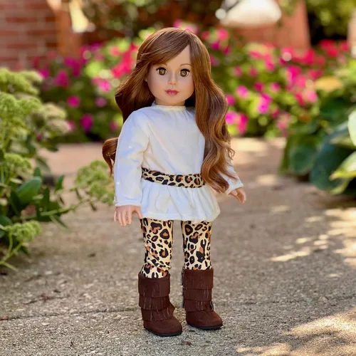Vista 4 de Ropa Dol de 18 pulgadas, Safari de moda, traje de muñeca de 3 piezas de 18 pulgadas, túnica de terciopelo marfil, leggings de guepardo y botas