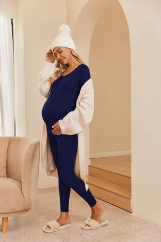 Vista 4 de Ekouaer Ropa interior térmica con botones para mujer, pijama de maternidad con forro polar de microfibra, conjunto de pijamas de invierno largo