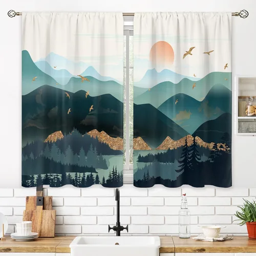 Vista 3 de Cortinas de cocina pequeñas de montaña abstracta verde azulado, tratamiento de ventana de montaña, naturaleza, puesta de sol, paisaje, cafetería