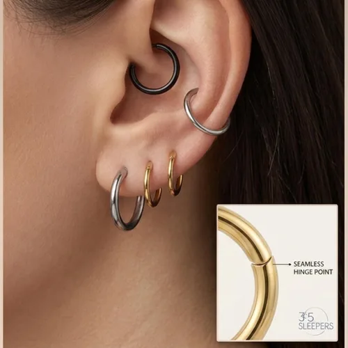 Vista 5 de 2pcs Titanium Hinged Hoops Segment Septum Nose Rings Sleeper Earrings Negro