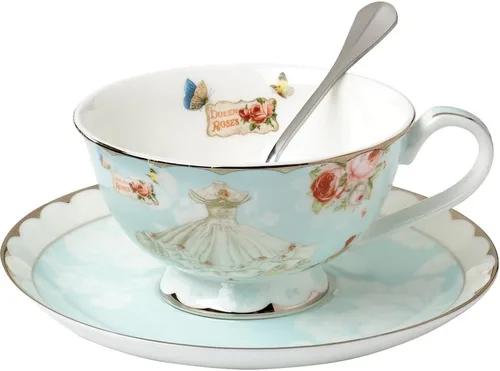 Vista 6 de Taza de té y tapa y cuchara Set Royal Fine Bone China Taza de café 11.2 fl oz Azul claro
