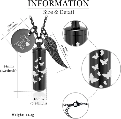 Vista 6 de shajwo Collar de cenizas de urna cilíndrica para mujeres y hombres, joyería de cremación de mariposa, ceniza amada, un colgante de ala de ángel