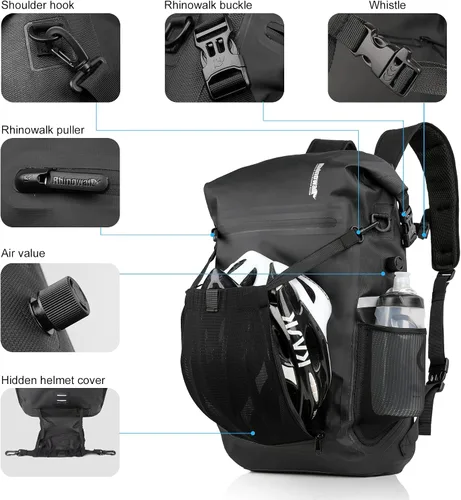 Vista 4 de Rhinowalk Bolsa de alforja para bicicleta, impermeable, 22L, bolsa de maletero trasera para ciclismo, ciclismo, viajes, equitación Negro