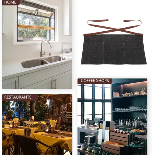 Vista 9 de Toyvian Durable Denim Waist Apron with 3 Pockets Unisex, Short Half Server Apron for Waiter Waitress, Bar, Cafe & Kitchen