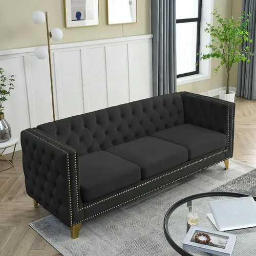 Vista 3 de Modern 3 Seater Couch Black Velvet Sofa Upholstered Button Tufted Nailhead Trim, Square Arm Loveseat Sofa, Sturdy Golden Metal Legs, 80.5'' Couch