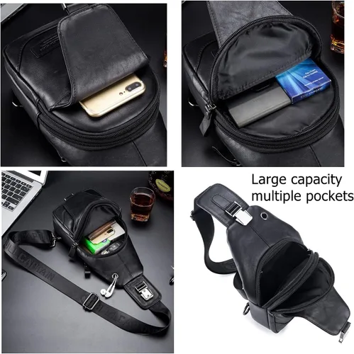 Vista 5 de BULLCAPTAIN Bolso cruzado de cuero genuino para hombre bolsas de pecho para viajes senderismo hombro Negro