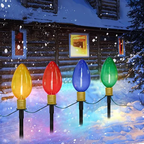 Vista 10 de Decoraciones de Navidad para exteriores, luces de estaca de Papá Noel de 7 pies con 4 bombillas C7, estaca, conectables, impermeables, marcadores
