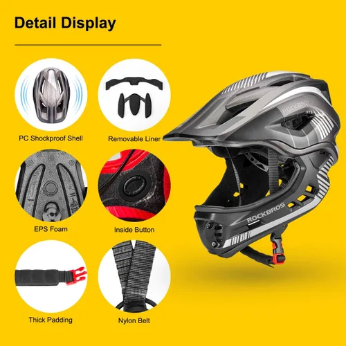 Vista 2 de ROCKBROS Casco integral para niños Cascos de bicicleta para niños Casco ligero de bicicleta de montaña para niños pequeños Desmontable para MTB BMX