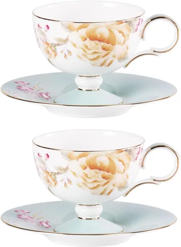 Vista 21 de KAMMAK Juego de 2 tazas de café de cerámica, tazas de café de porcelana con platillos, 6.52 onzas hechas a mano, elegante taza de té de porcelana