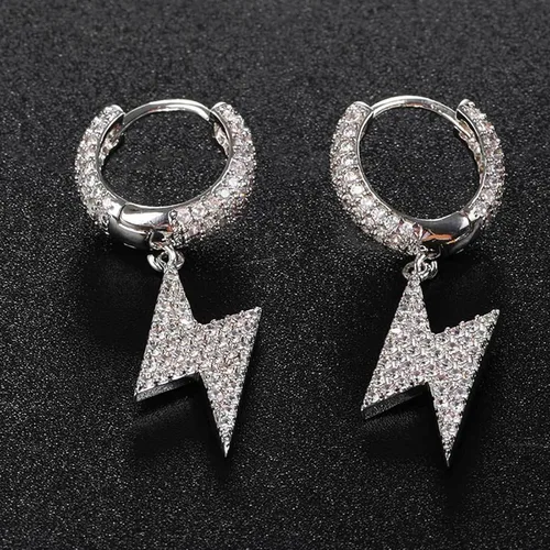 Vista 6 de Shcyee Aretes de relámpagos helados a la moda, hip hop, aretes de aro grueso con circonita cúbica para mujeres y hombres, regalo de joyería unisex
