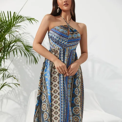 Vista 5 de Women's Summer Dresses Fashion New Bohemian Style Printed Neckless Sleeveless Dress Long Sleeve Bodycon Dress