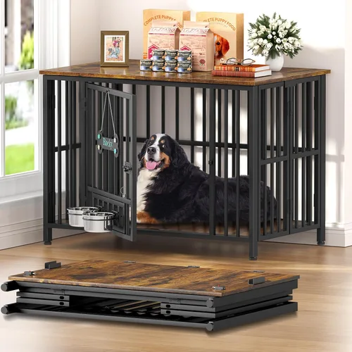 Vista 14 de Easycom 104 cm mueble de jaula para perros plegable, sin ensamblaje perrera decorativa para interior, jaulas para perros grandes (15.9-27.2 kg)
