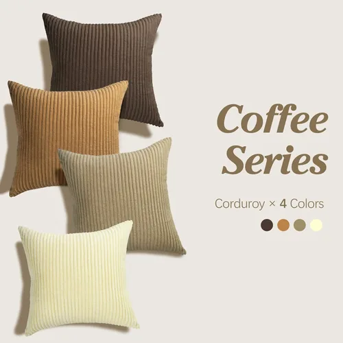 Vista 2 de Lewondr - Fundas de almohada de pana, juego de 4 fundas cuadradas de 22x22 pulgadas, con diseños a rayas modernas, para sofá, sala de estar, Marrón