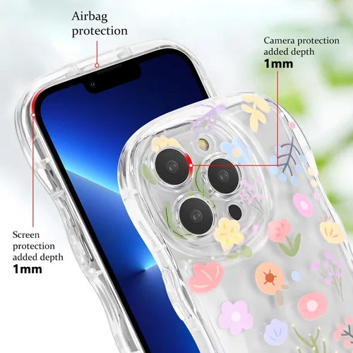Vista 4 de Newseego Funda para iPhone 13 Pro, bonita funda transparente de flores coloridas y rizadas con bonita cadena de pulsera de flores para mujeres