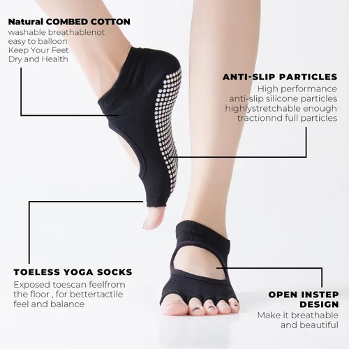 Vista 5 de ZAKASA Calcetines de yoga para mujer con empuñaduras, 4 pares de calcetines antideslizantes antideslizantes para pilates, barre, ballet, calcetines