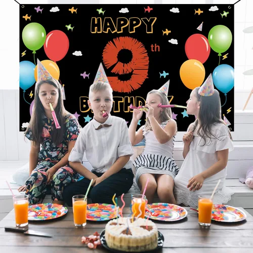 Vista 3 de Cartel de fondo de 9º cumpleaños, decoraciones de feliz 9º cumpleaños para niñas y niños, cartel de cumpleaños de 9 años, colorido fondo de fiesta