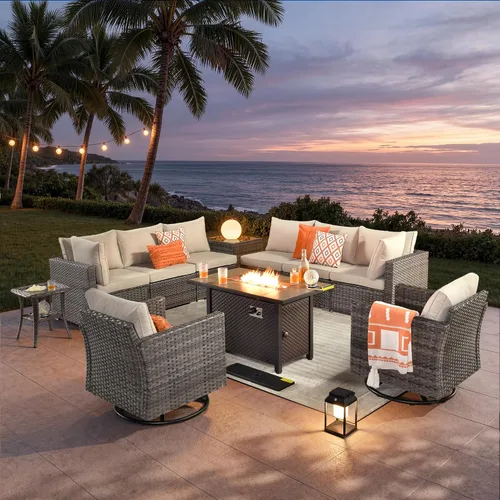 Vista 21 de ovios Juego de muebles de patio al aire libre de 5 piezas con mesa de café, conjunto seccional de muebles de patio con sofá de mimbre para todo tipo
