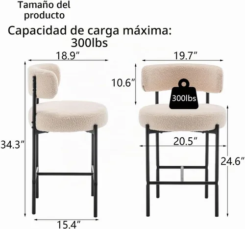 Vista 2 de Canxkun Taburetes de Bar Boucle Juego de 2, 24" Taburetes de Mostrador Modernos con Respaldos, Taburetes de Bar Tapizados para Isla de Cocina, Bar