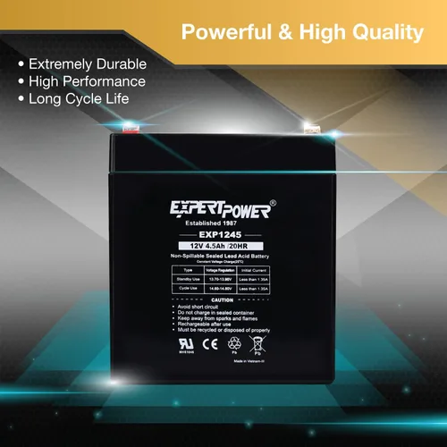 Vista 4 de ExpertPower EXP1245 Reemplazo de batería de seguridad para alarma doméstica Negro 12V 4.5AH Alfombrilla de vidrio absorbente 1 paquete
