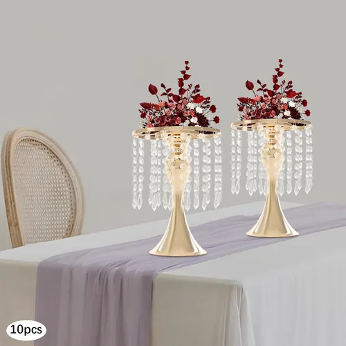 Vista 5 de Juego de 10 portavelas de metal dorado de 10.2 pulgadas de alto, florero, arreglo floral, candelabro, candelabro, portavelas para bodas, fiestas