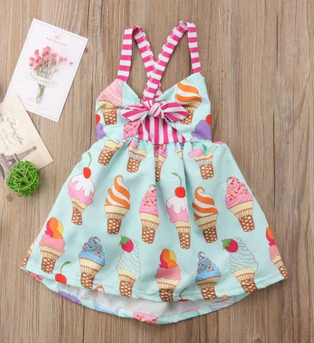 Vista 2 de Falda de verano para niñas pequeñas, vestido sin espalda con tirantes y estampado de helado