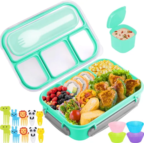 Vista 12 de Yumuk Caja Bento para Adultos, Contenedores de Almuerzo para Adultos Hombres Mujeres, 5 Tazas Bento con 4 Compartimentos y Spork y Caja de Salsa, A