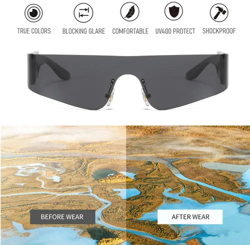 Vista 7 de BAWUYI Y2K - Lentes de sol envolventes futuristas para hombres y mujeres, visera cibernética, deportivos, monobloque, accesorios de los años 2000
