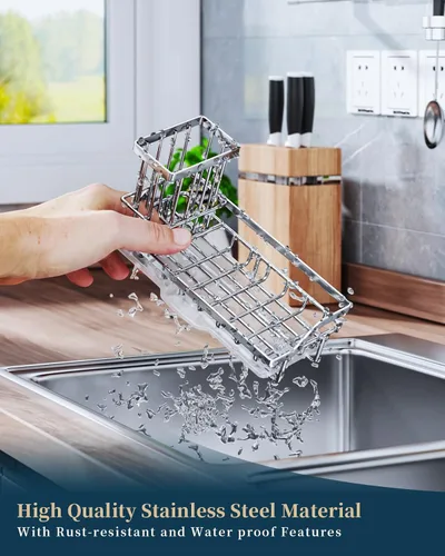 Vista 3 de Consumest Organizador para fregadero, soporte de esponja de cocina con soporte para cepillos de platos, organizador de cocina con bandeja de goteo