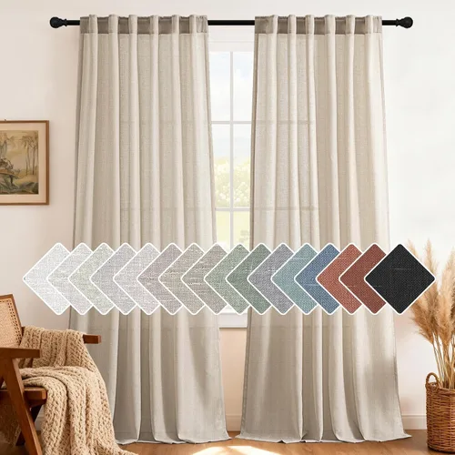 Vista 14 de H.VERSAILTEX Cortinas de lino natural de 63 pulgadas de largo para sala de estar, 2 paneles con trabillas traseras y bolsillo, texturizadas