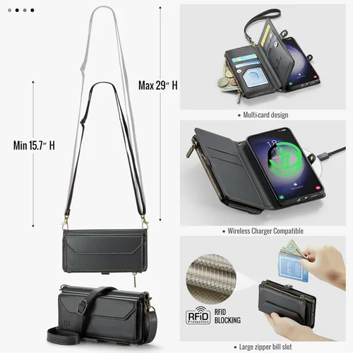Vista 8 de Strapurs Funda tipo cartera cruzada compatible con Samsung Galaxy S23 5G con bloqueo RFID, tarjetero de piel sintética suave, cierre magnético