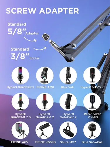 Vista 5 de InnoGear Soporte de micrófono con brazo de brazo para Blue Yeti HyperX QuadCast SoloCast Snowball Fifine Shure SM7B y otros micrófonos, brazo