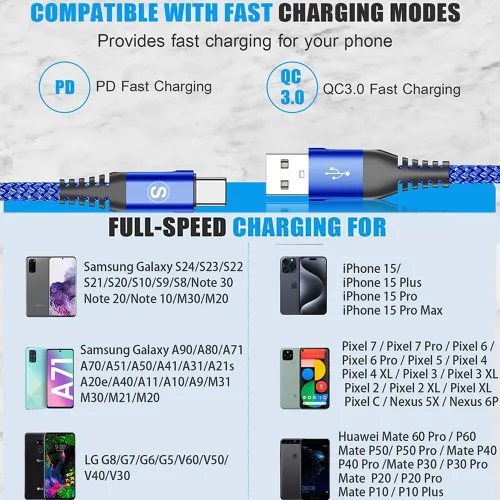 Vista 7 de sweguard Cable USB a USB C [2 unidades, 3.3 pies] de nailon trenzado USB A a tipo C, cable de carga rápida para iPhone 17, 16, 15 Pro Max, Samsung