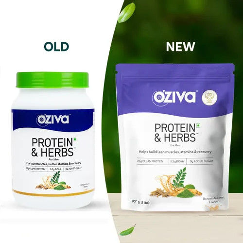 Vista 2 de OZIVA Proteína y hierbas para hombres, proteína de caramelo de plátano en polvo para hombres para construcción muscular, recuperación y mejor