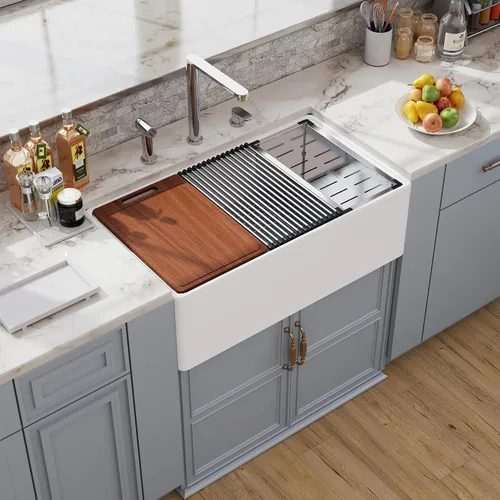 Vista 10 de Fregadero de cocina empotrado blanco de 30 pulgadas, Hugsleek - Fregadero de cocina de montaje superior e inferior de 30x18 pulgadas, fregadero