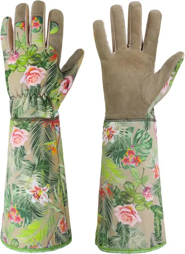 Vista 23 de HANDLANDY Guantes de poda largos para hombres y mujeres, de piel de cerdo, guantes de jardinería de rosas, guantes transpirables y duraderos