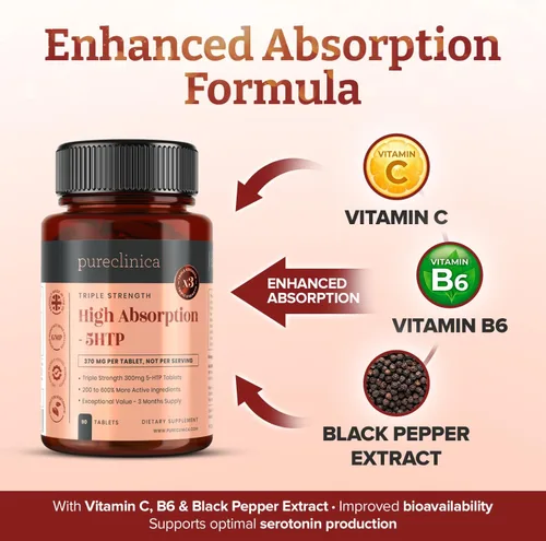 Vista 5 de Alta absorción 5HTP 300mg x 90 tabletas - 3 meses de suministro. con vitamina C, B6 y extracto de pimienta negra