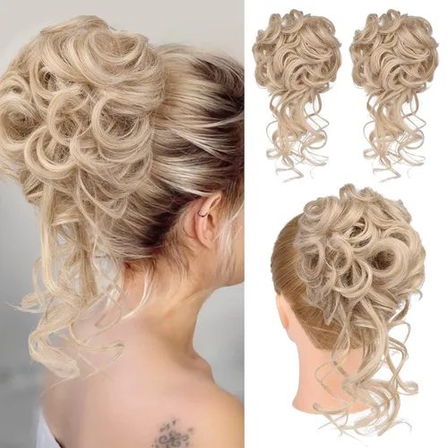 Vista 12 de HOOJIH 2 piezas de extensiones de cabello estilo moño despeinado, extensiones de cabello rizado y ondulado con tiras, cola de caballo, horquillas
